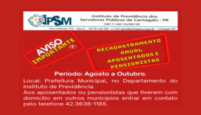 Cantagalo - Recadastramento anual para aposentados e pensionistas